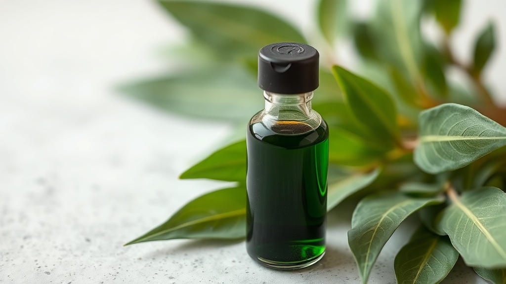 Petit flacon d'extrait de pandan vert sombre posé près de feuilles fraîches