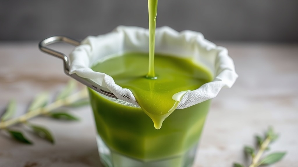 Feuilles de pandan mixées avec de l'eau puis filtrées à travers un linge