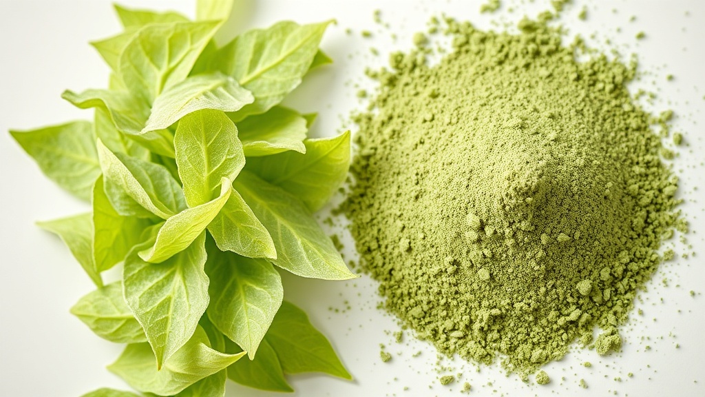 Feuilles de pandan surgelées et poudre de pandan séchée disposées côte à côte