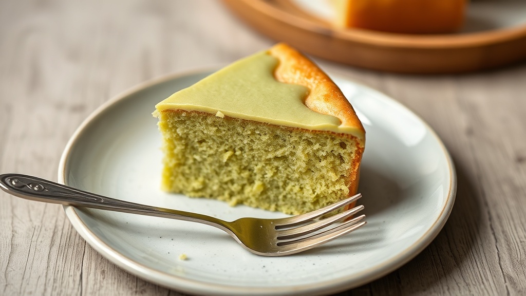 Part de gâteau au pandan moelleux sur une assiette en céramique avec une fourchette