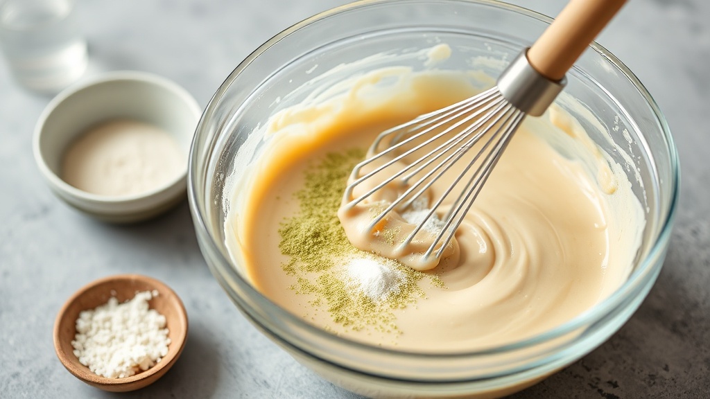 Poudre de pandan incorporée à une pâte à gâteau dans un saladier en verre