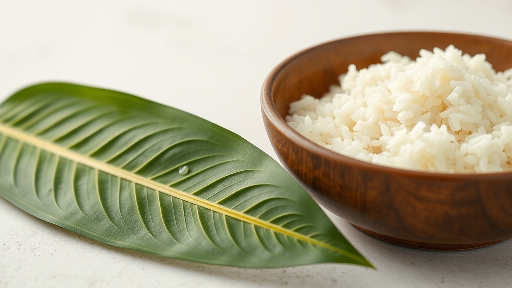 Feuille de pandan fraîche froissée à côté d'un bol de riz basmati chaud