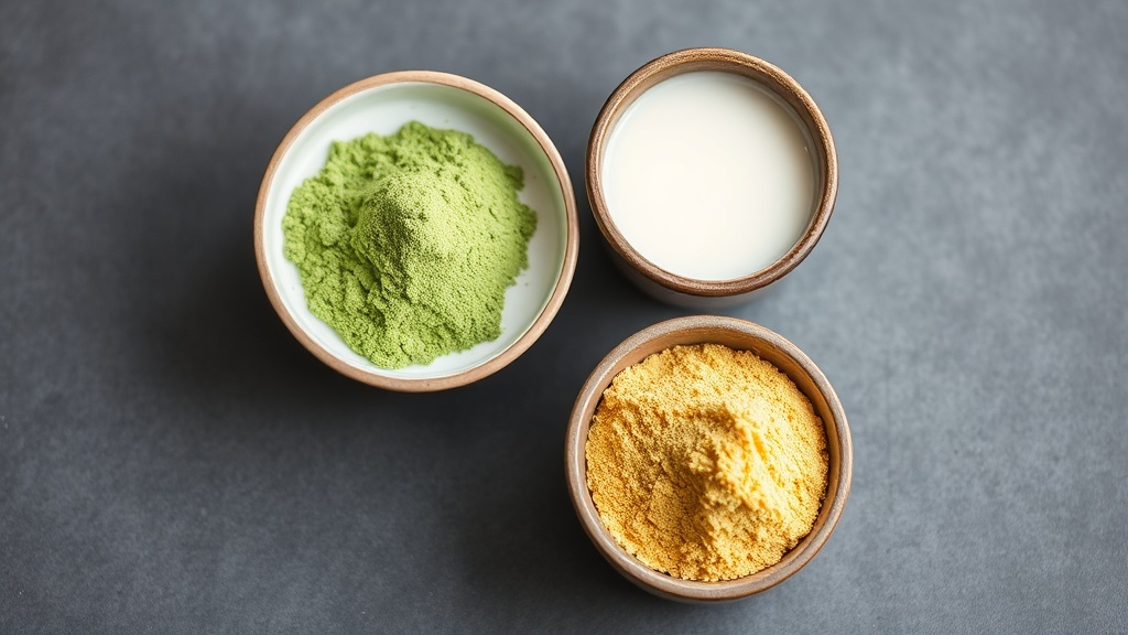 Trois bols contenant poudre de pandan, lait de coco et sucre de palme