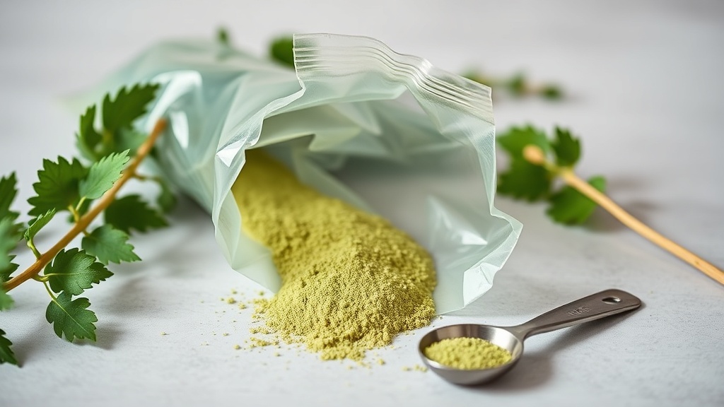 Sachet de poudre de pandan ouvert avec une cuillère doseuse posée à côté