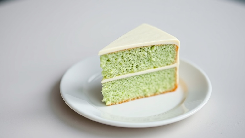 Part de pandan cake vert clair posée sur une assiette blanche, mie aérée visible