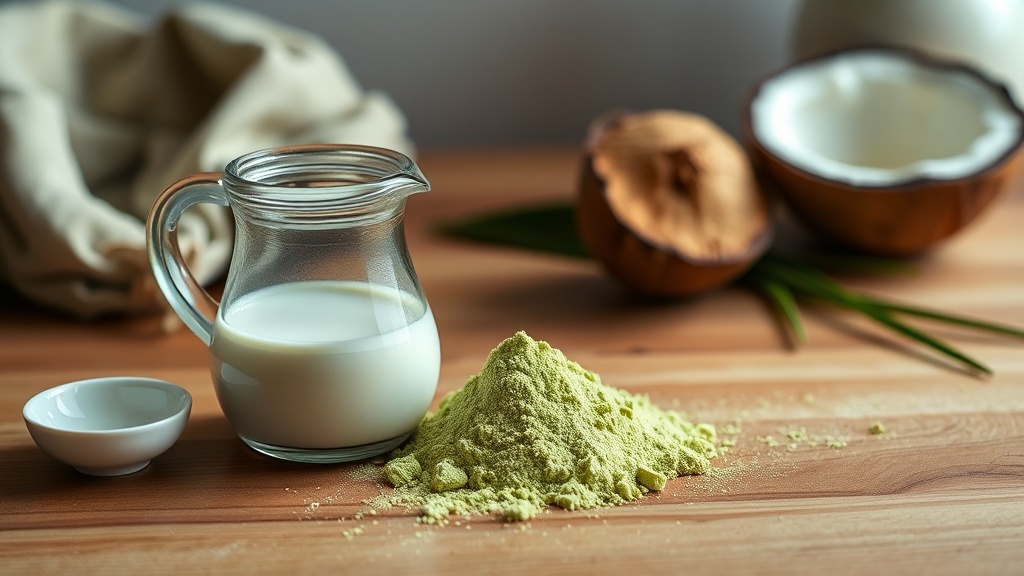 Poudre de pandan et lait de coco disposés sur un plan de travail avant préparation