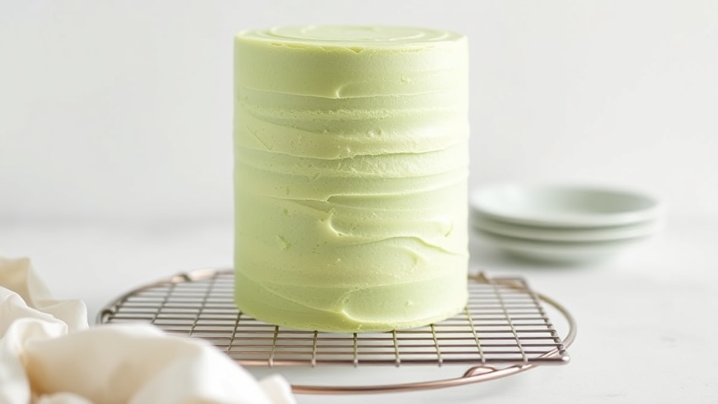 Chiffon cake au pandan haut et vert clair posé sur une grille de refroidissement
