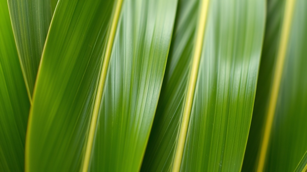 Gros plan sur les feuilles du pandan montrant la nervure centrale et la surface brillante