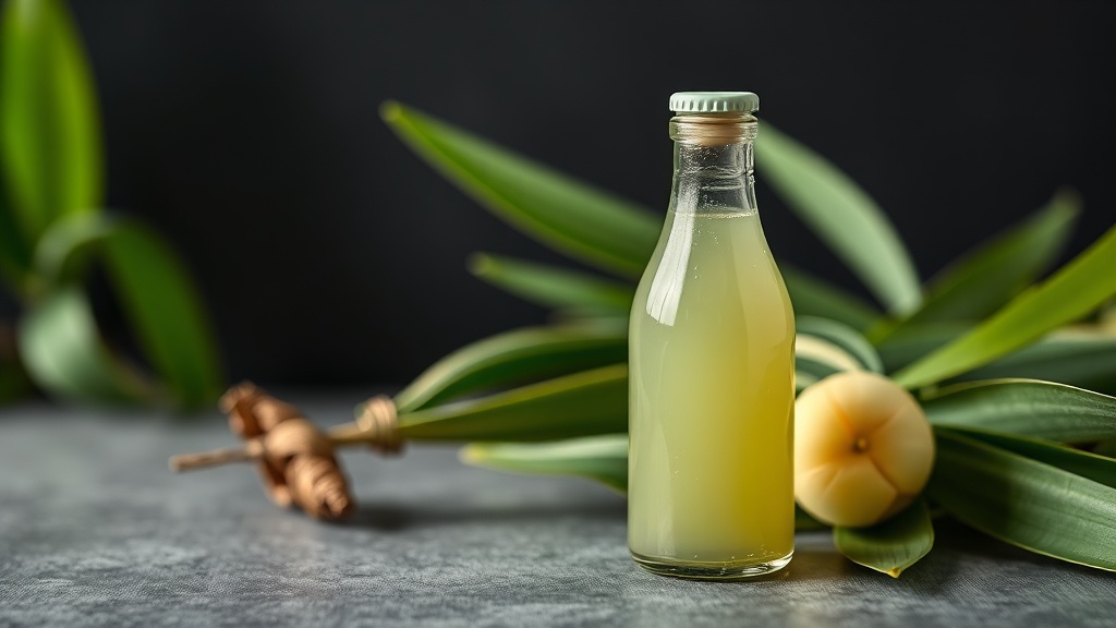 Bouteille de sirop de pandan vert clair posée près de feuilles nouées