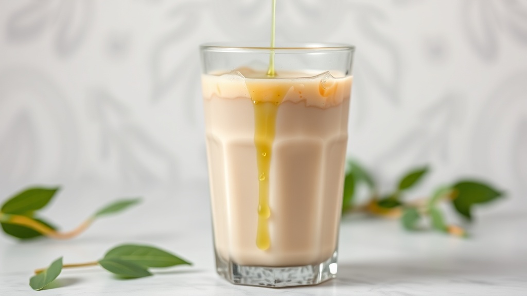 Verre de café glacé au lait avec un filet de sirop de pandan versé dessus