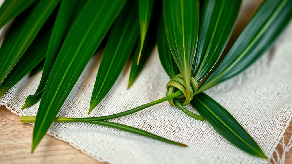 Feuilles de pandan longues et étroites disposées sur du lin clair, une feuille nouée