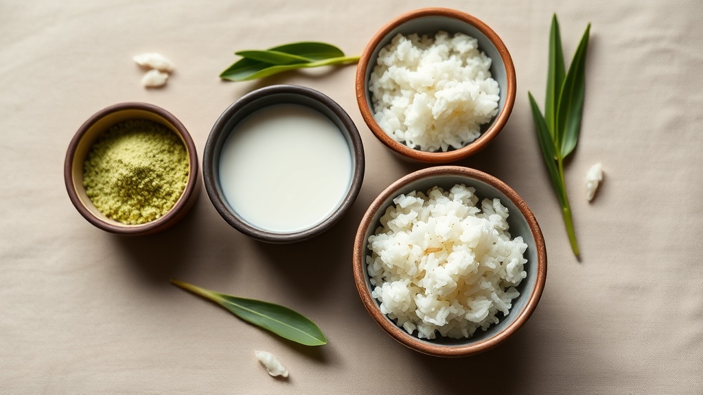 Bols de poudre de pandan, lait de coco et riz jasmin disposés pour une dégustation comparative