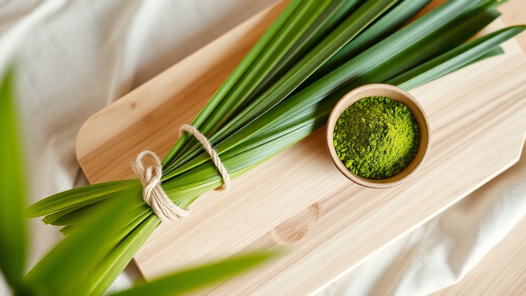 Feuilles de pandan fraîches nouées et bol de poudre de pandan verte sur une planche en bois clair